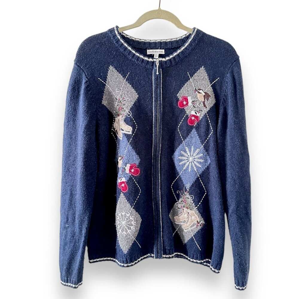 Croft & Barrow Navy Blue Winter Embroidery Full Zip Sweater Women’s Size XL